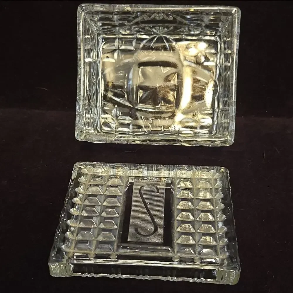 Vtg Cut Glass Rectangle Cigarette Box Lid Monogram Initial S Trinket Candy Dish